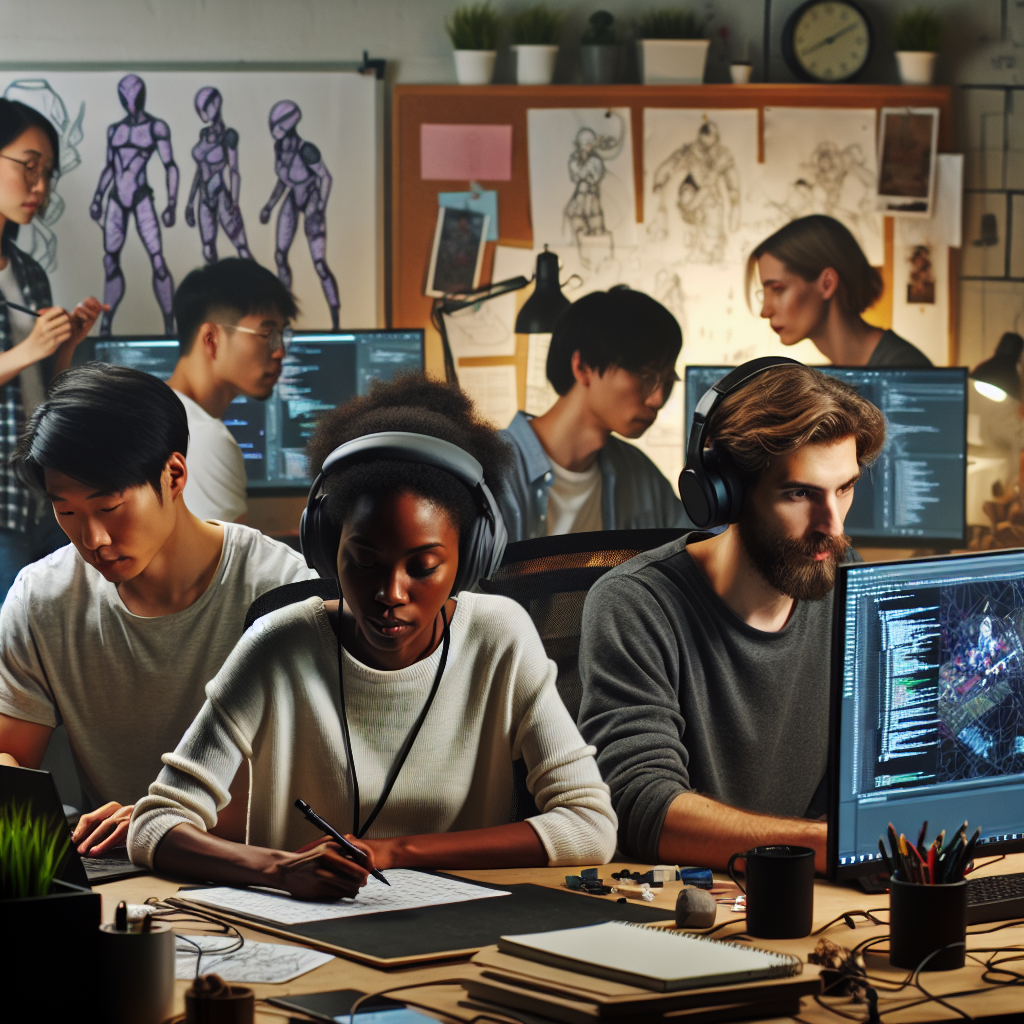 A diverse team of game developers working together
