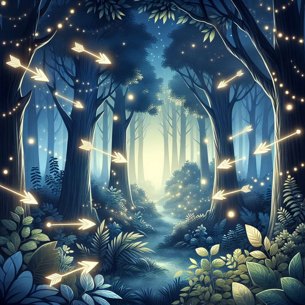 Mysterious forest with arrows and magical elements